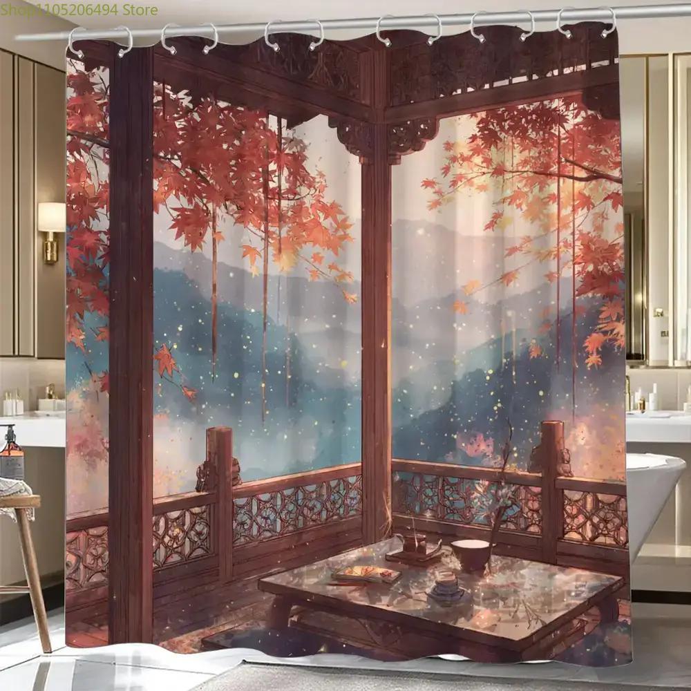 Home Bathroom Design Ideas - Chinese Autumn Pavilion Shower Curtain, Traditional